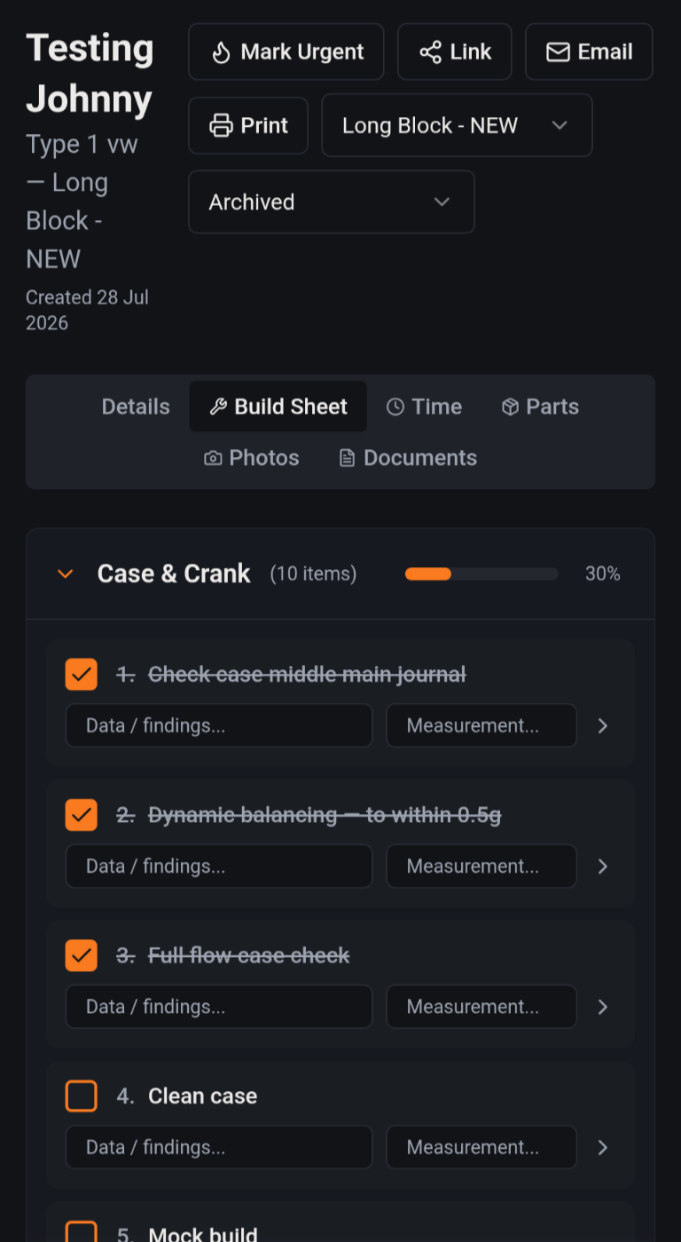 Live build sheet