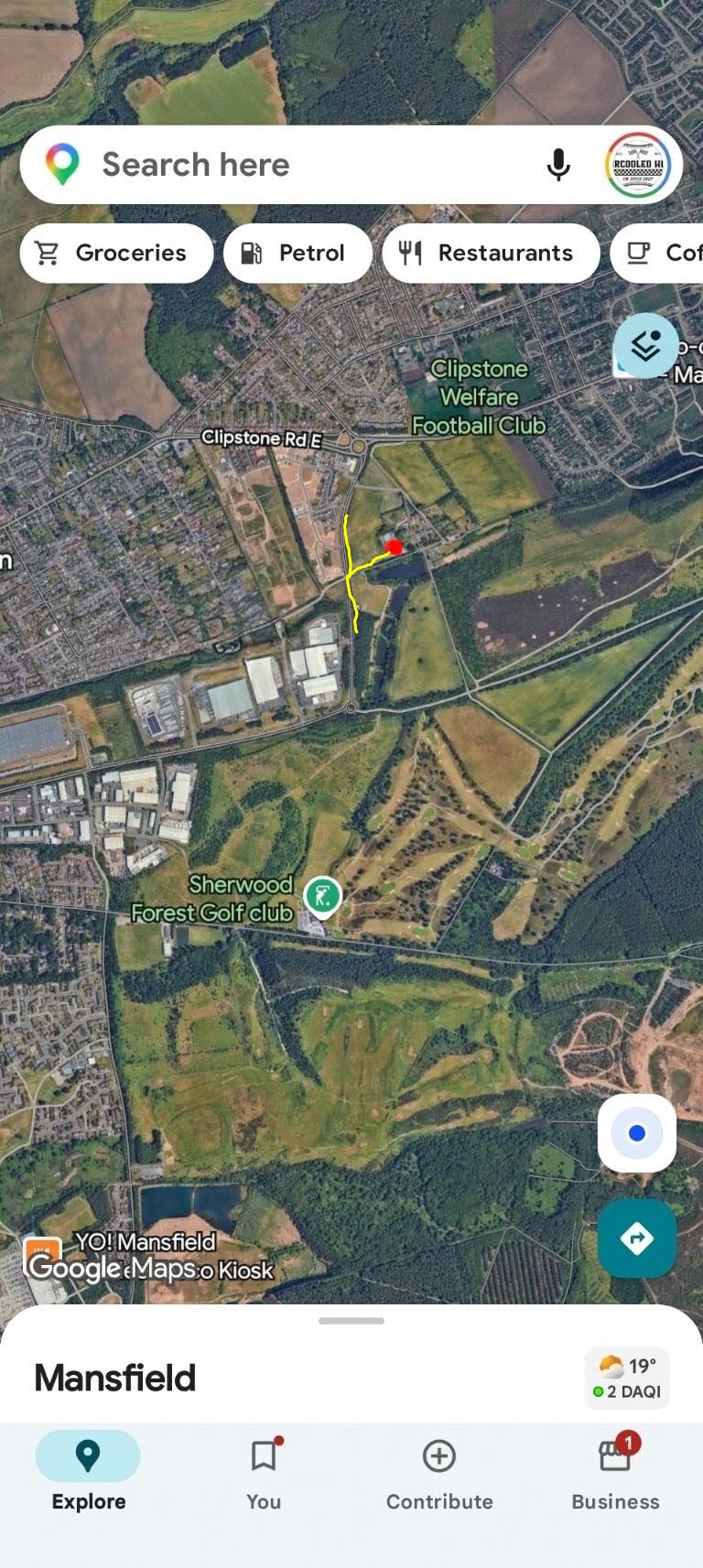 Aerial map showing the route to Aircooled Hut premises from Clipstone Road East