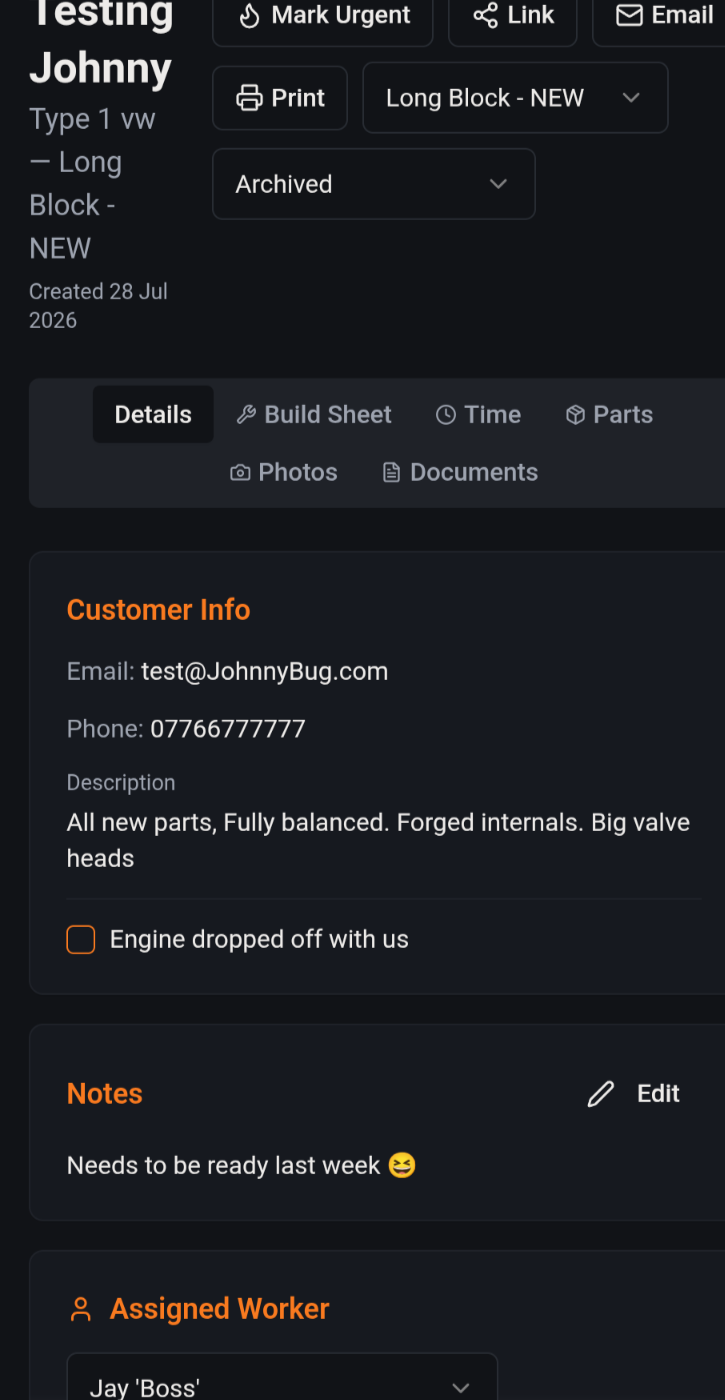 Job details, notes & assigned builder